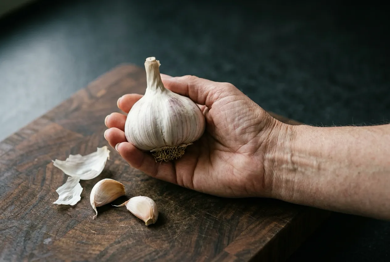 A hand cupping a whole white garlic bulb on a wooden board, with a few papery garlic skins beside it in soft light