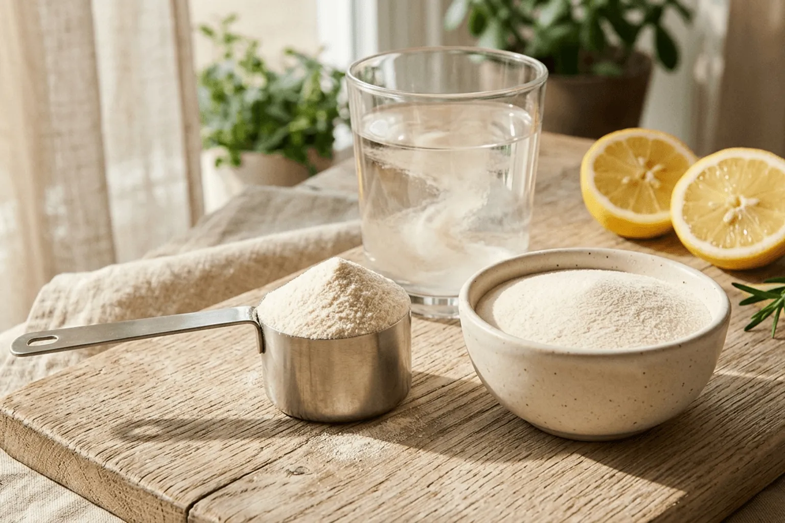 A stainless steel scoop heaped with unflavored collagen peptide powder beside a ceramic bowl of the same powder, a glass of water and fresh lemon halves on a rustic wooden board in soft morning light