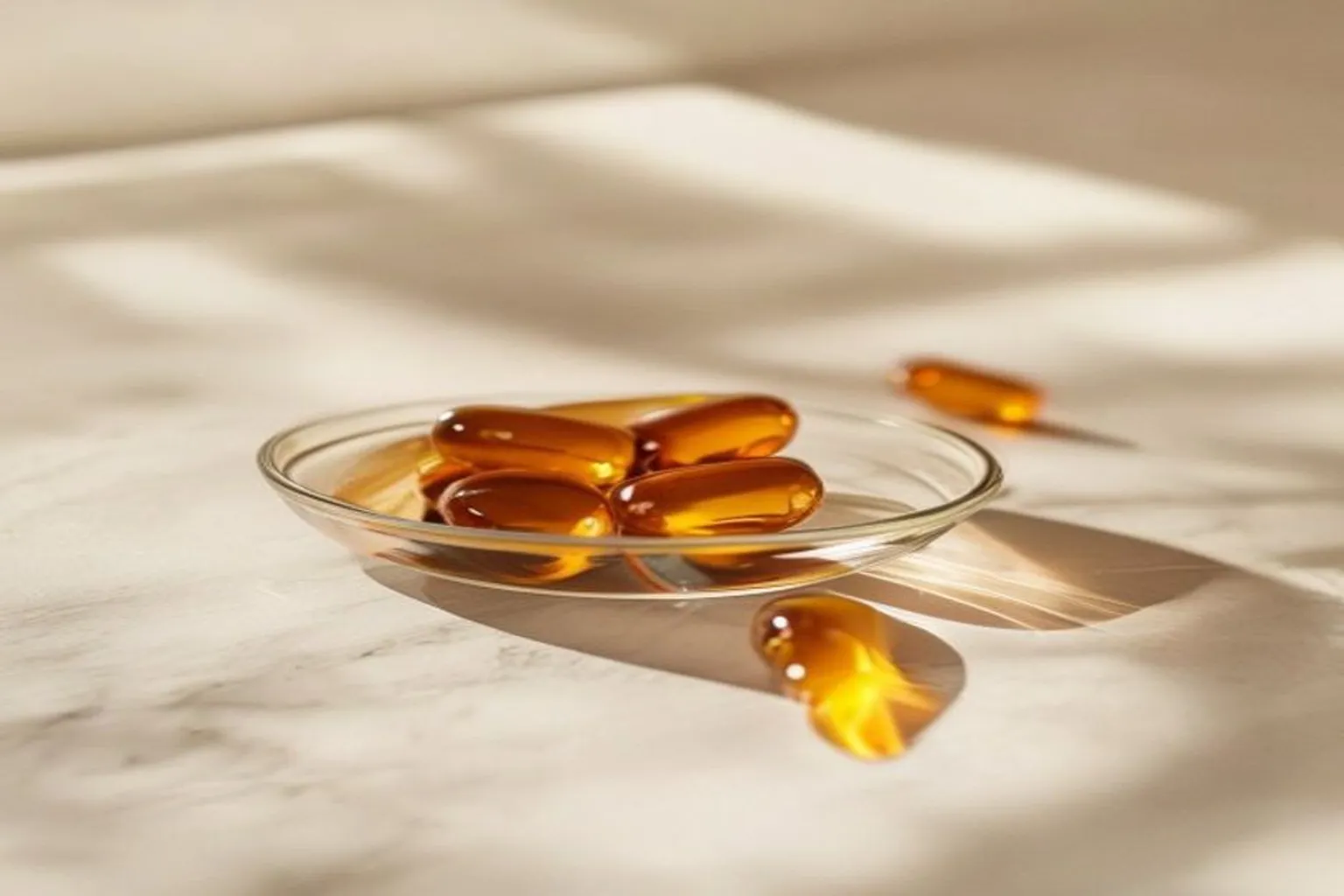 Amber ubiquinol softgel capsules on a clean light marble surface in soft natural light