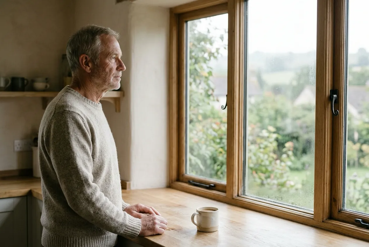 An older man in a grey knit sweater stands at a kitchen window in soft morning light, looking out at a garden, a coffee mug on the wooden counter beside him