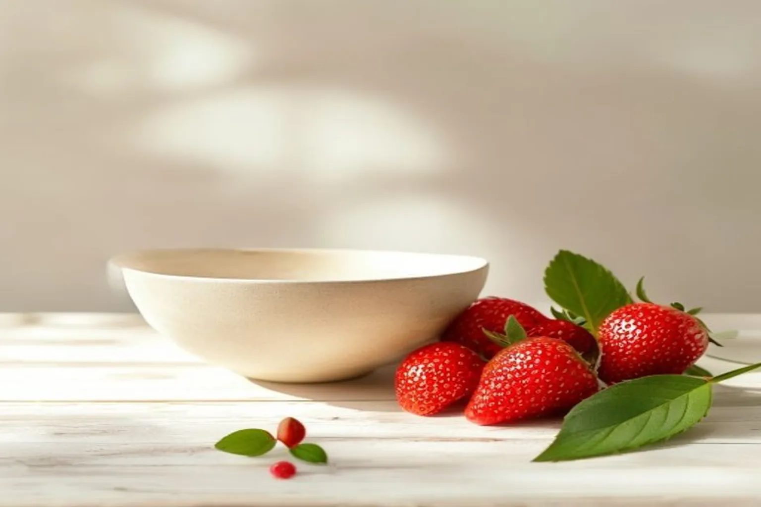 Fresh ripe strawberries in a small ceramic bowl on a clean light surface in soft natural light, the richest dietary source of fisetin