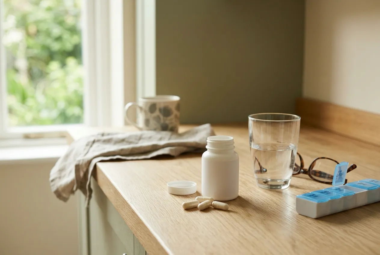 An open white supplement bottle with a few oblong capsules on a wooden kitchen counter beside a glass of water, reading glasses and a weekly pill organizer, with a garden window behind