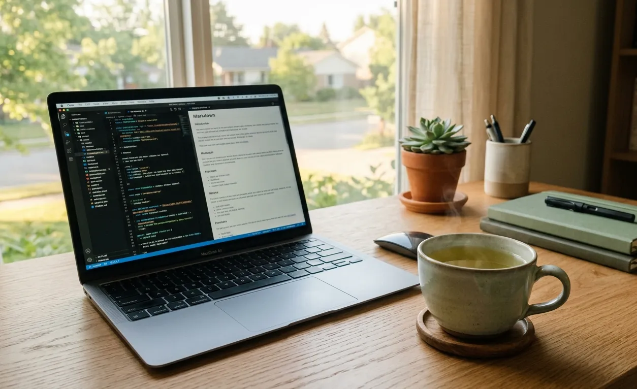 A steaming cup of green tea beside a laptop on a calm, sunlit desk