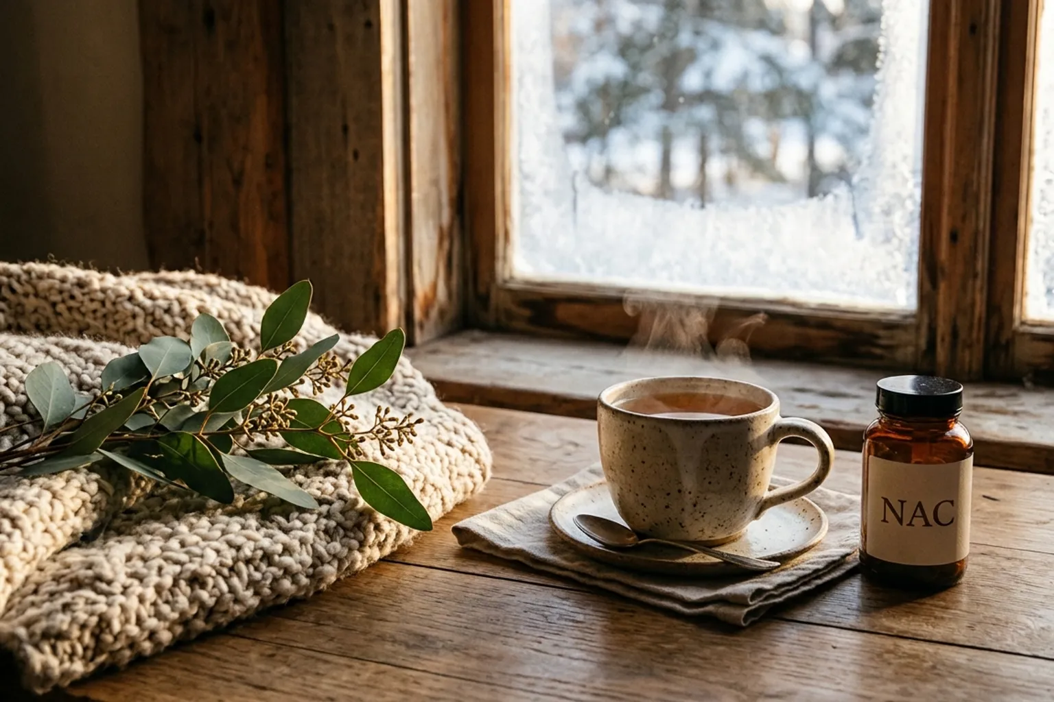 An amber NAC supplement bottle beside a steaming mug of tea, a sprig of eucalyptus and a knit blanket on a rustic wooden table by a frosted winter window