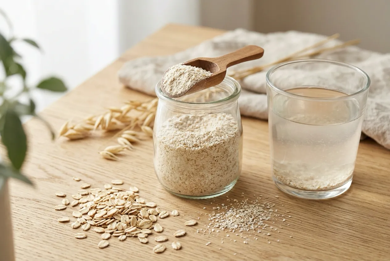 A glass jar of pale oat bran with a wooden scoop of it resting on the rim, beside a glass of water with bran settled at the bottom, rolled oats and oat stalks on a light wooden table