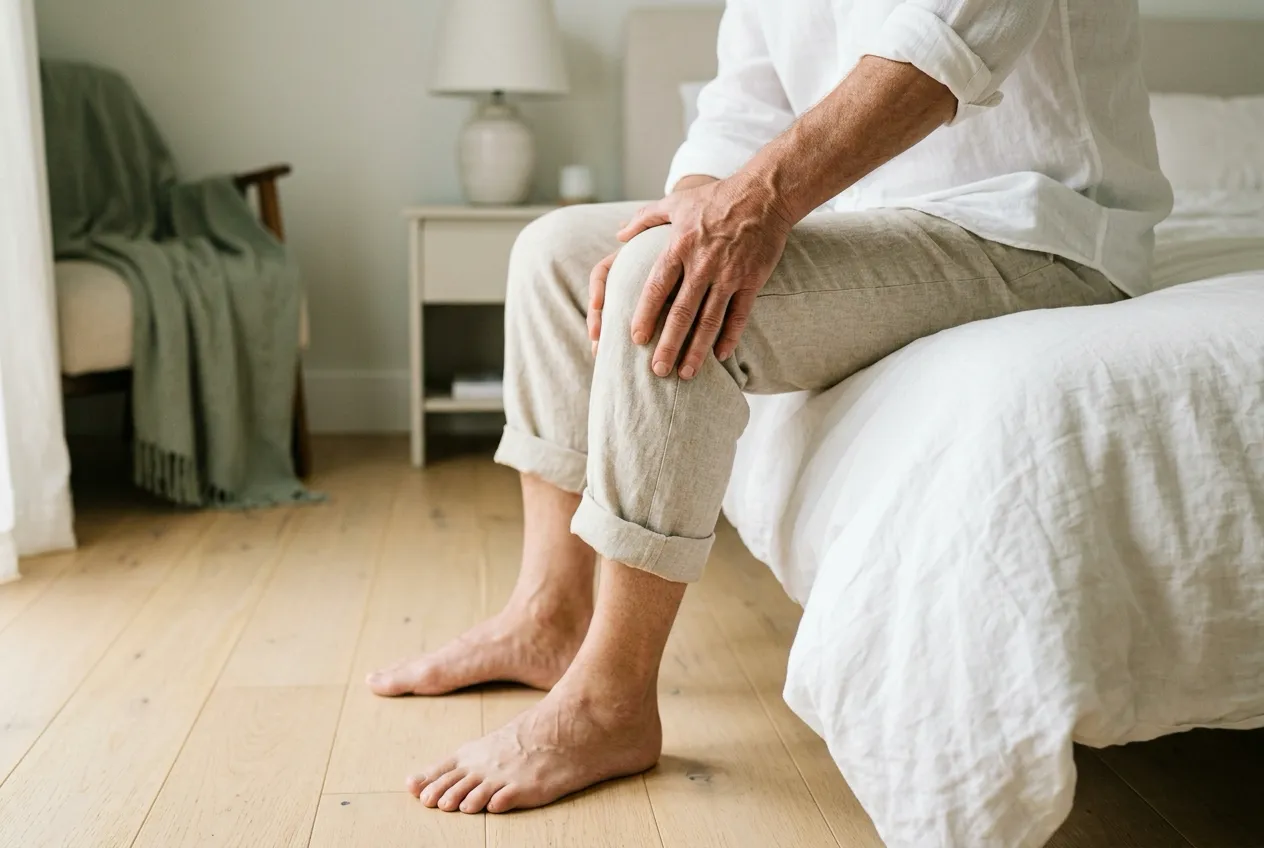 Close up of an older man sitting on the edge of his bed in morning light, one hand pressed to his knee and bare feet on a wooden floor