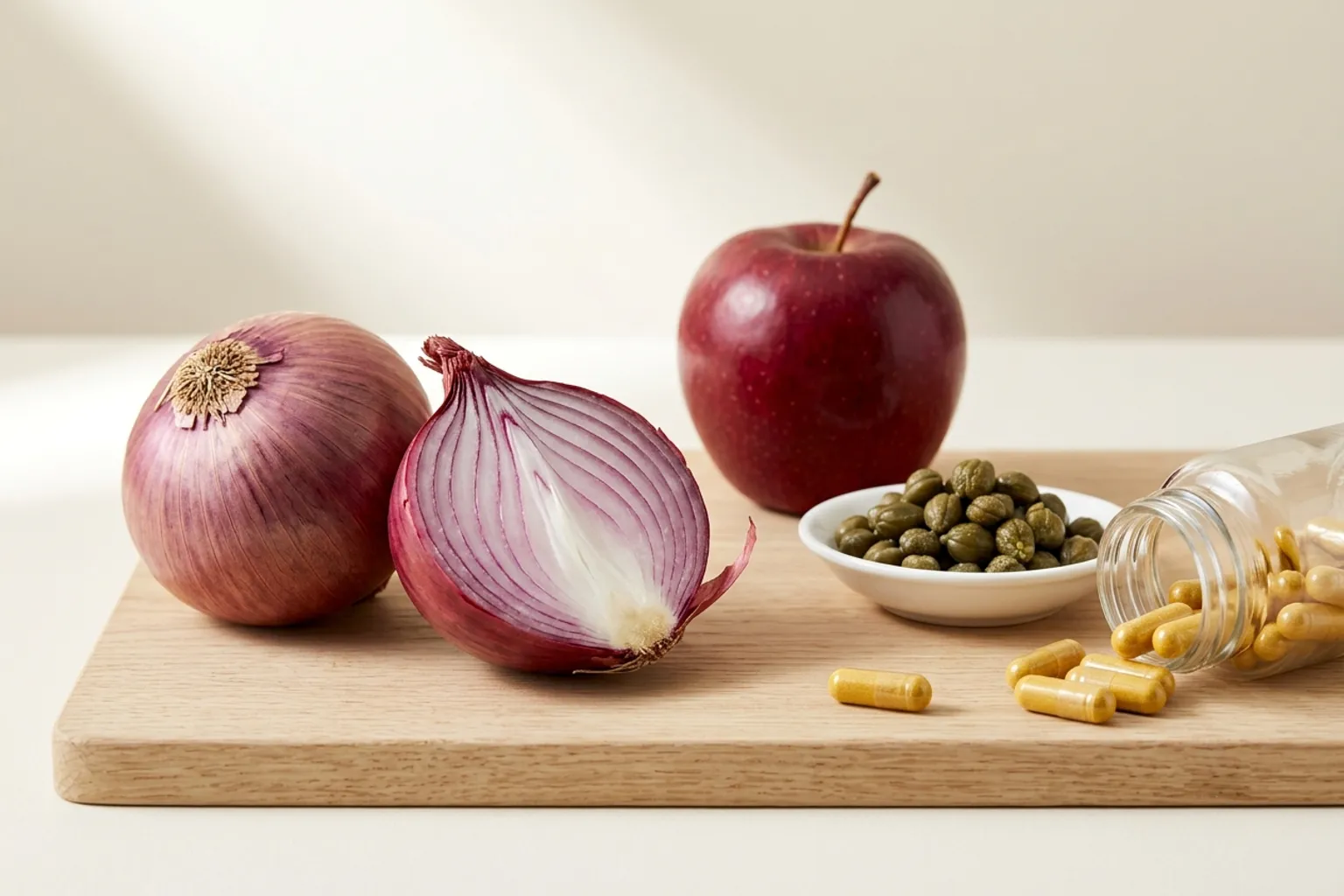A whole red onion, a halved red onion, a red apple, and a dish of capers on a light wooden board beside a bottle of quercetin capsules, the richest dietary sources of quercetin