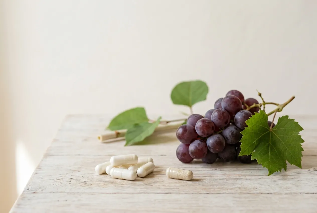 A small pile of trans-resveratrol capsules beside a cluster of dark red grapes and a sprig of Japanese knotweed on a light wooden surface in soft natural light