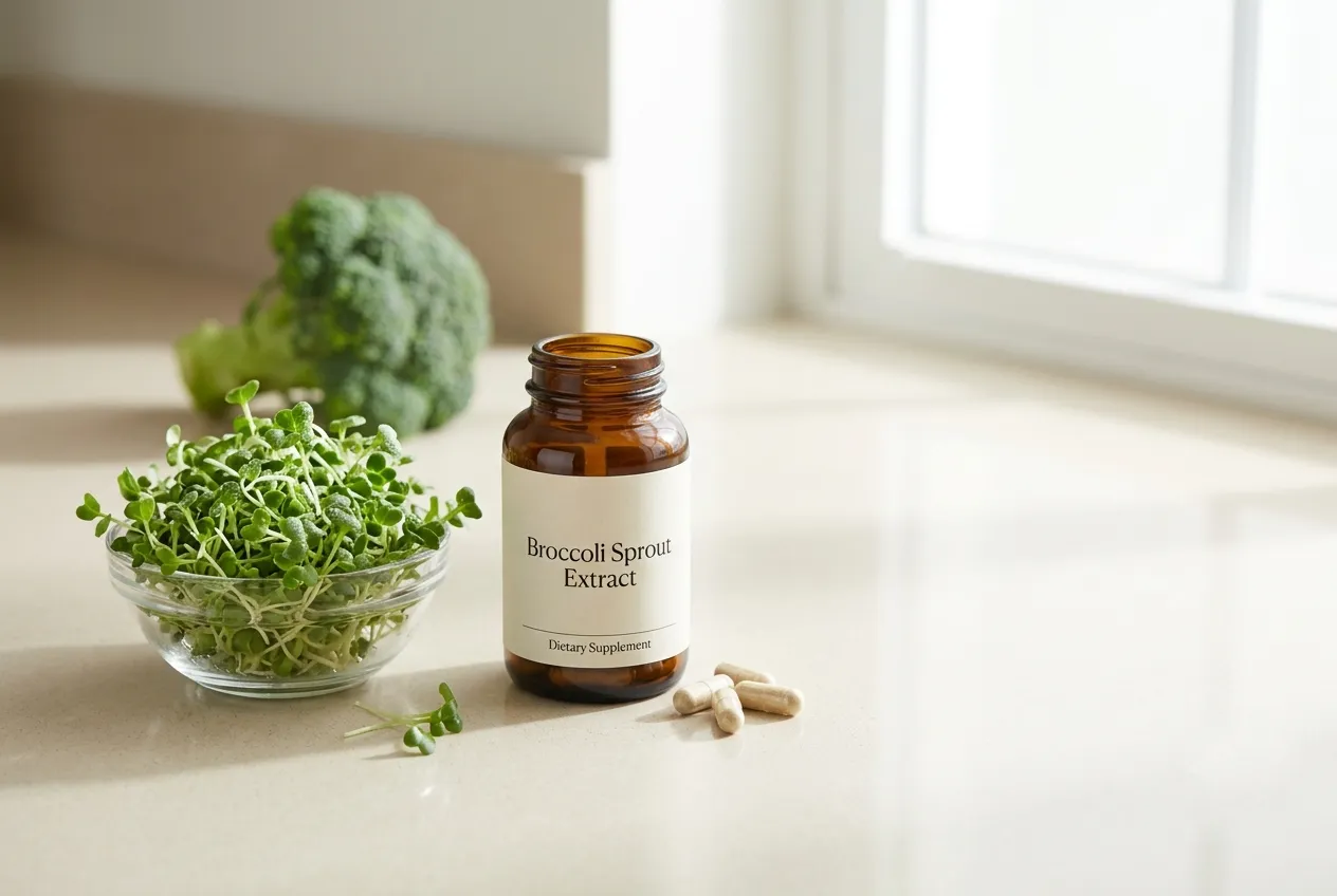 Fresh broccoli sprouts in a small glass bowl beside a broccoli sprout extract supplement bottle on a bright neutral kitchen counter