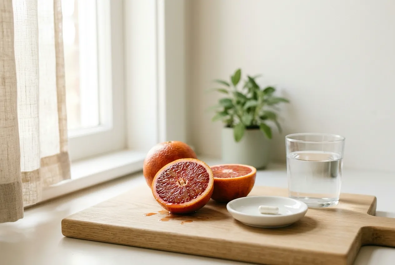 A halved blood orange on a wooden board beside a glass of water and a single white capsule on a kitchen counter in morning light