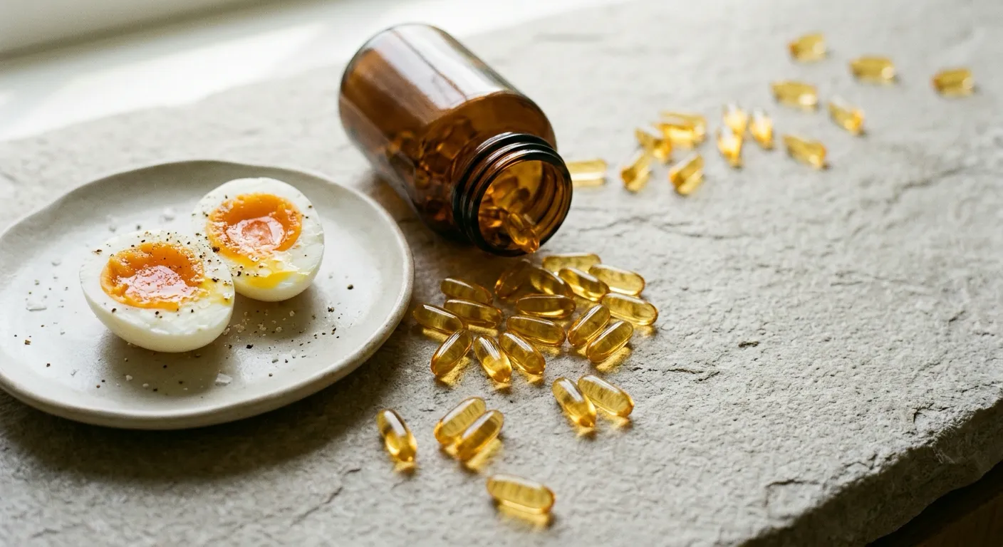 A halved soft boiled egg with deep orange yolks on a pale plate, beside a tipped amber bottle spilling golden softgels across a stone counter
